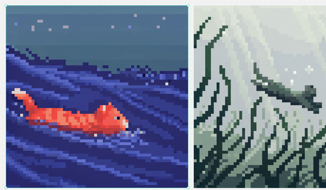 Goal: Create a split-screen pixel art comparison image in the style of a design canvas, showing exactly 2 squ… - AI提示词参考图，来自西西提示词