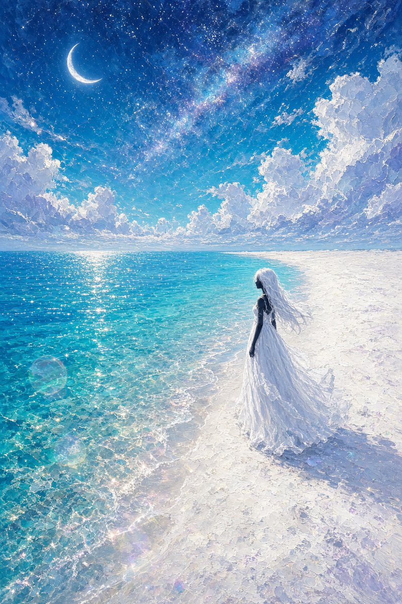 Create a luminous fantasy seascape illustration in a dreamy anime-inspired painterly style. Use a vertical {a… - AI提示词参考图，来自西西提示词