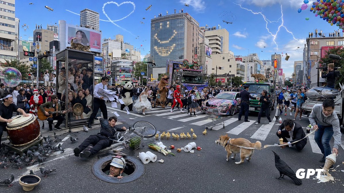 Goal: Create an ultra-dense, chaotic photorealistic wide-angle street scene at a huge Japanese scramble cross… - AI提示词参考图，来自西西提示词