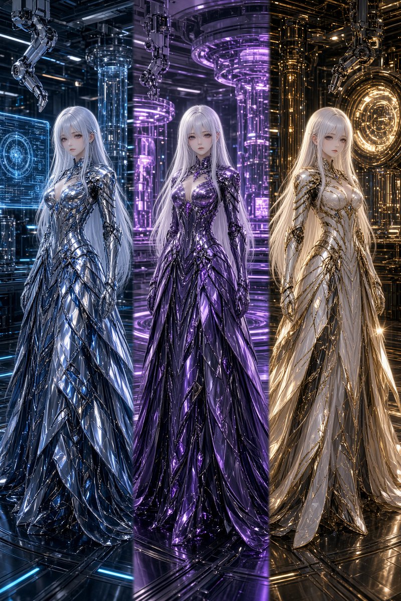 Create a hyper-detailed vertical sci-fi fantasy character lineup showing exactly 3 elegant android empresses … - AI prompt reference from CC Prompt Galaxy