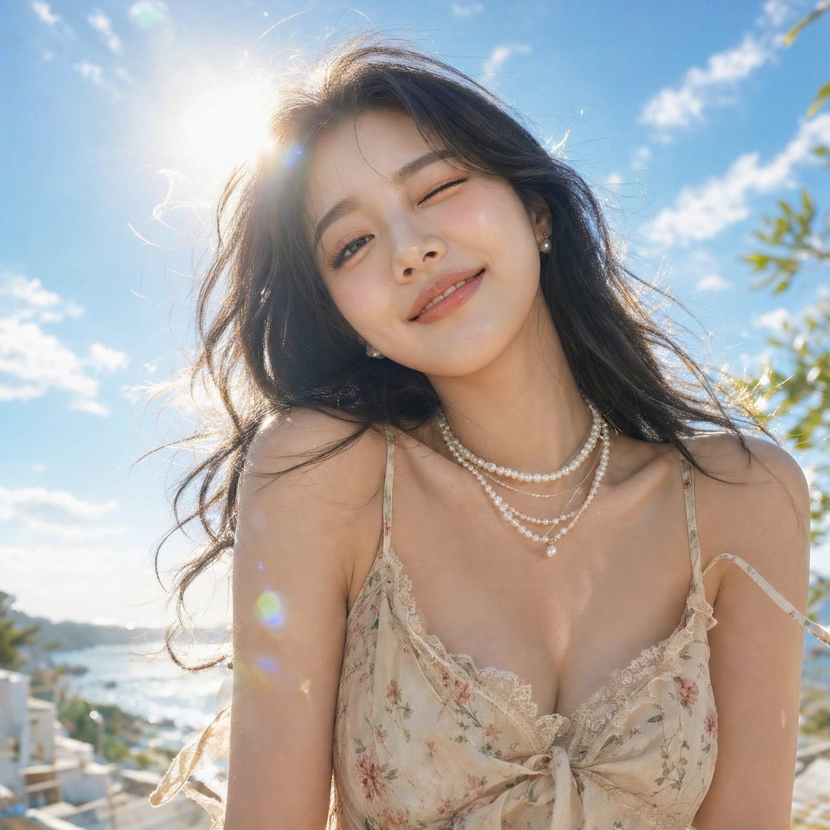 Create a photorealistic sunlit outdoor portrait of a young {argument name="subject ethnicity" default="East A… - AI提示词参考图，来自西西提示词