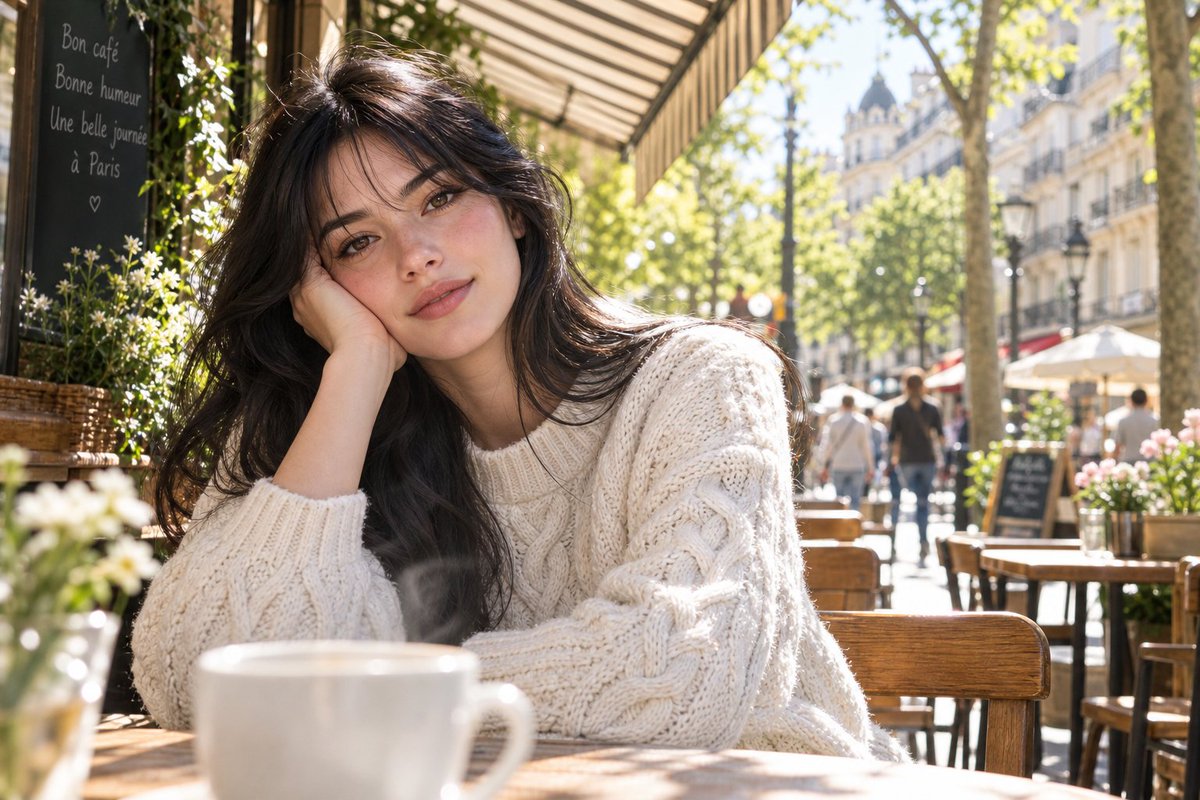 Create a realistic lifestyle portrait photograph of a young woman sitting at an outdoor Paris café on a sunny… - AI提示词参考图,来自西西提示词