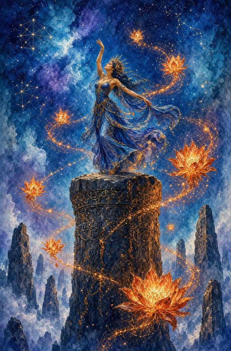Create a vertical fantasy watercolor illustration of a celestial goddess dancing on top of a tall ancient sto… - AI提示词参考图，来自西西提示词