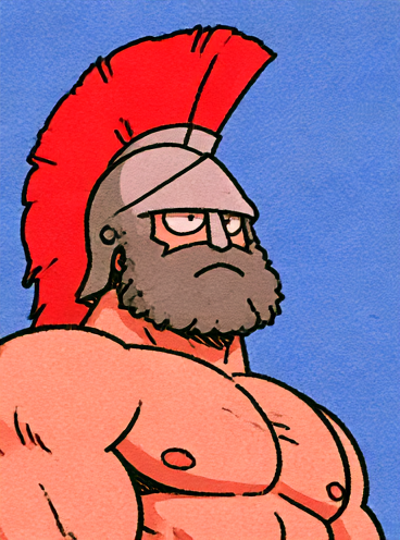 Create a simple single-panel cartoon illustration of a muscular ancient Spartan warrior bust, cropped close f… - AI提示词参考图，来自西西提示词
