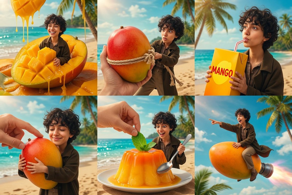 Goal: Create a whimsical six-panel surreal photo-real comic collage about a tiny curly-haired traveler and gi… - AI提示词参考图，来自西西提示词