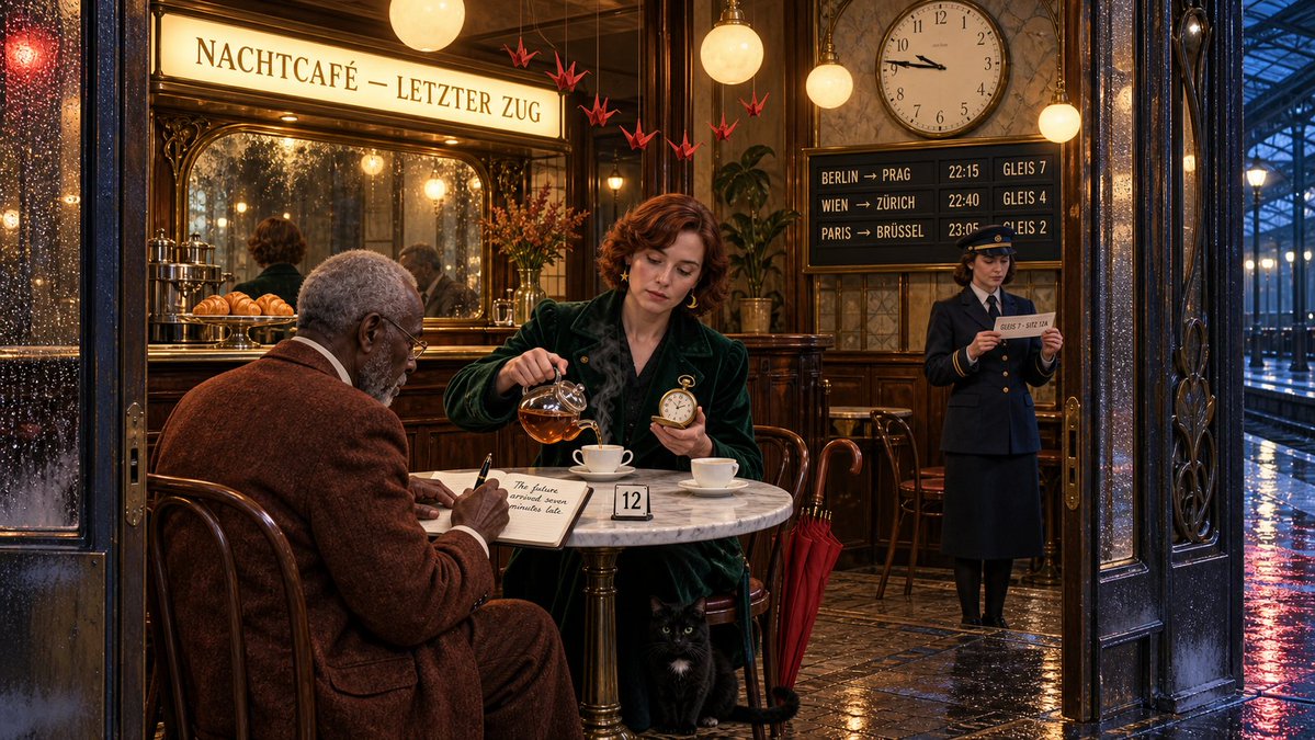 Goal: Create a single coherent ultra-detailed photorealistic cinematic 16:9 image titled “THE LAST TRAIN FROM… - AI提示词参考图，来自西西提示词