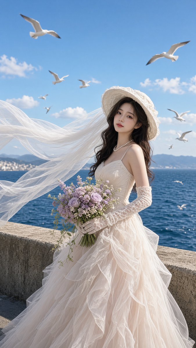 Create a photorealistic vertical bridal fashion portrait of a young East Asian woman standing on a seaside pr… - AI提示词参考图，来自西西提示词