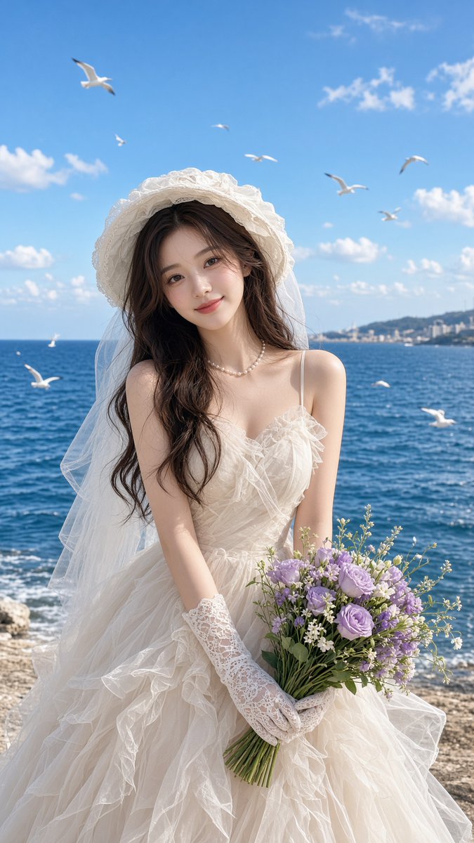 Create a vertical ultra-realistic fashion wedding portrait of a young East Asian bride standing on a rocky se… - AI提示词参考图，来自西西提示词