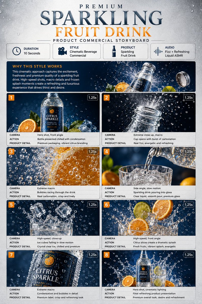 TITLE: Premium {argument name="product" default="Sparkling Fruit Drink"} Product Commercial Storyboard FORMAT… - AI提示词参考图，来自西西提示词