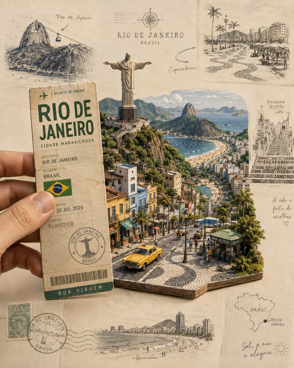 Create a highly detailed, photorealistic miniature travel-poster diorama inspired by Rio de Janeiro, arranged… - AI提示词参考图，来自西西提示词