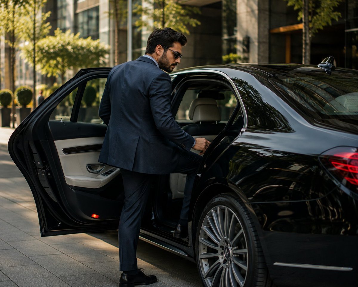 A highly realistic cinematic photograph of a well-groomed man with a unique face entering the rear passenger … - AI提示词参考图,来自西西提示词