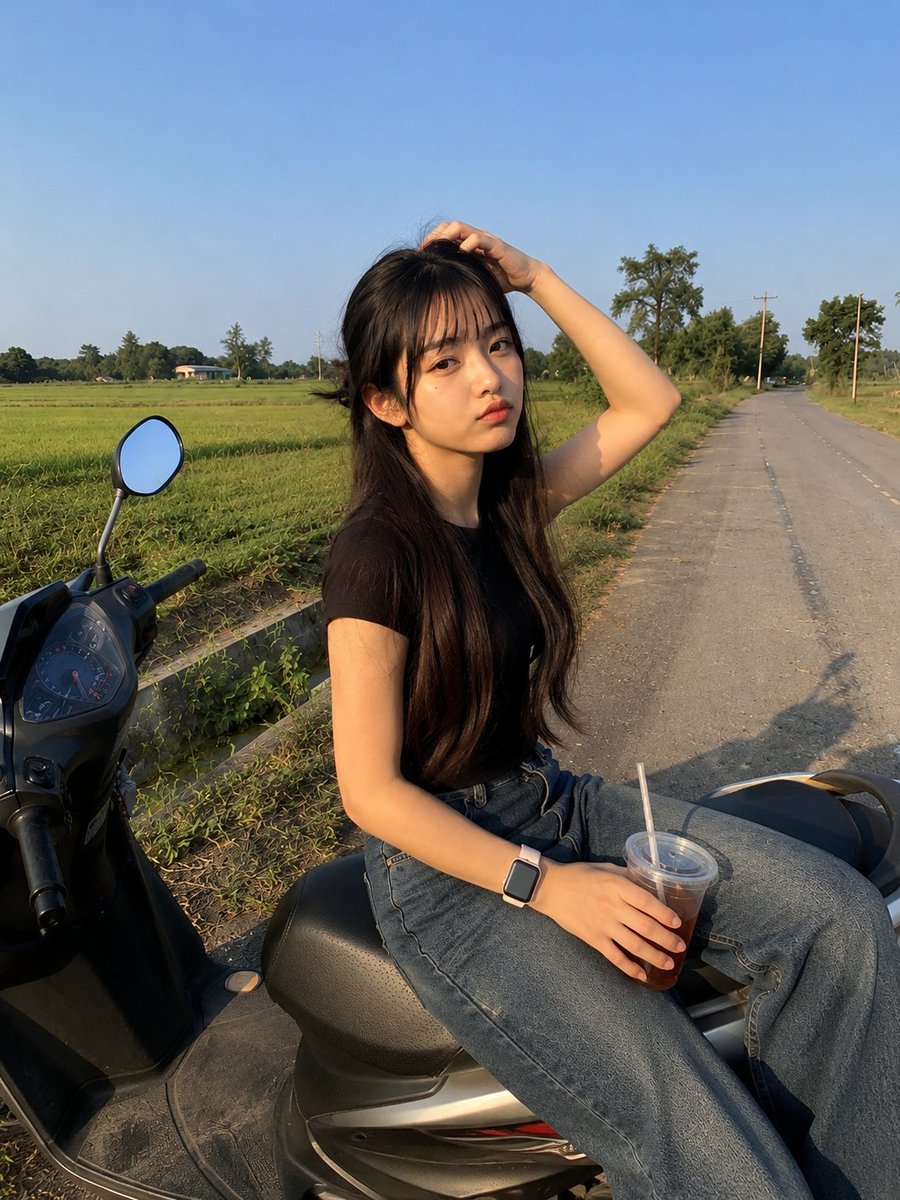 A highly realistic casual smartphone photograph of a young East Asian woman sitting sideways on a parked mode… - AI提示词参考图，来自西西提示词