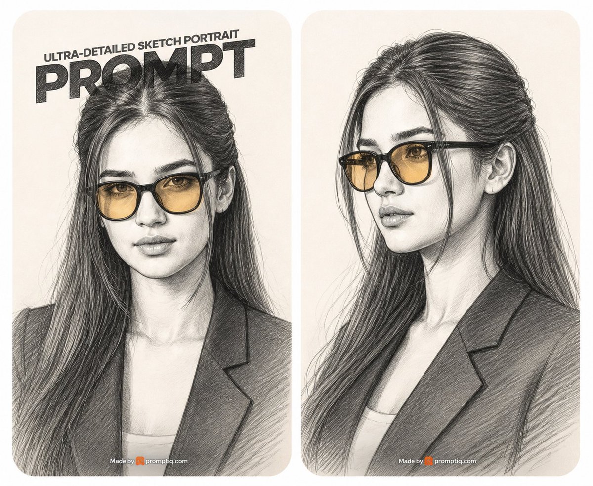 Goal: Create a side-by-side promotional poster showing two ultra-detailed graphite pencil sketch portraits of… - AI提示词参考图，来自西西提示词