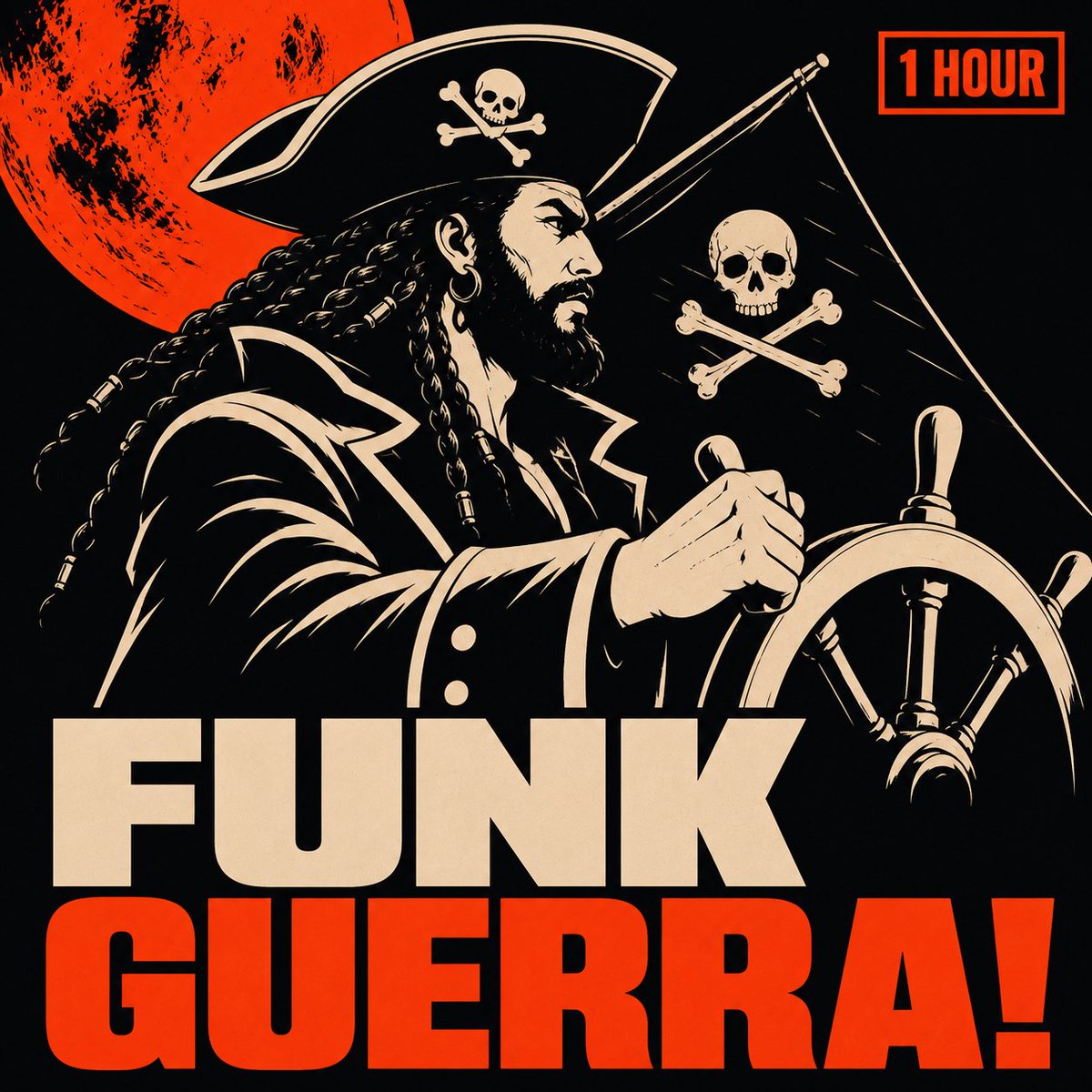 Create a square Spotify playlist cover in a bold vintage screen-printed poster style for a pirate funk mix. U… - AI提示词参考图，来自西西提示词