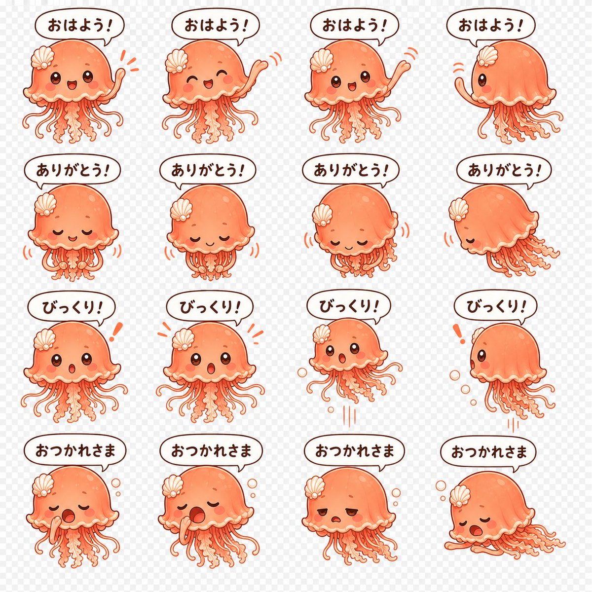 Goal: Create a cute LINE-style animated sticker sprite sheet featuring a kawaii orange jellyfish mascot with … - AI提示词参考图，来自西西提示词