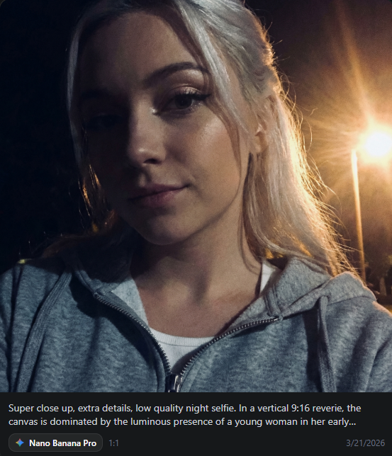 Super close up, extra details, low quality night selfie. In a vertical 9:16 reverie, the canvas is dominated … - AI提示词参考图，来自西西提示词