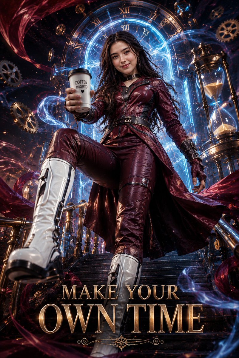 Create a cinematic futuristic time-traveler poster featuring the same confident adult woman with {argument na… - AI提示词参考图，来自西西提示词