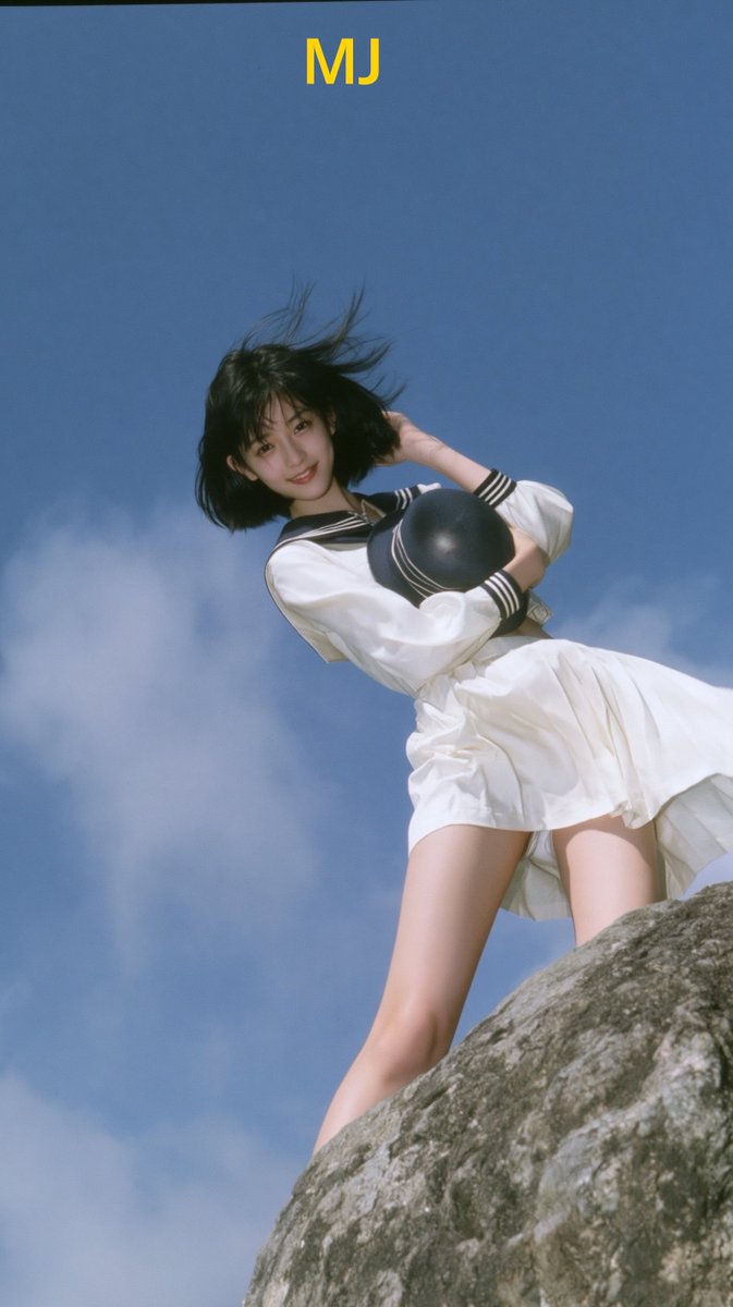 Showa 1980s Japanese retro cinematic outdoor capture, an elegant and slender East Asian girl stands on a roug… - AI提示词参考图，来自西西提示词