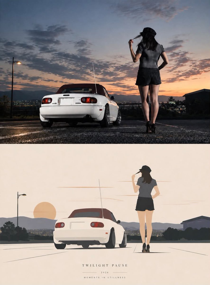 Create a vertical 3:4 cinematic editorial poster titled “TWILIGHT PAUSE.” Recreate the composition as a split… - AI提示词参考图，来自西西提示词