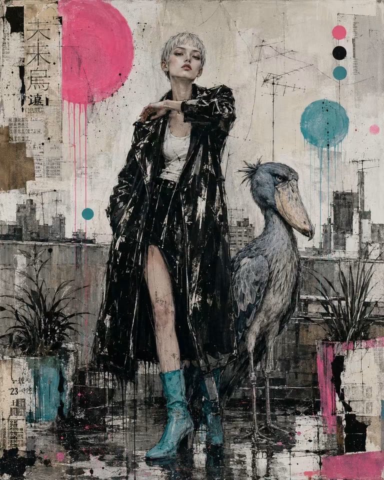 Contemporary mixed-media urban painting of {argument name="human" default="[HUMAN]"}, wearing {argument name=… - AI prompt reference from CC Prompt Galaxy