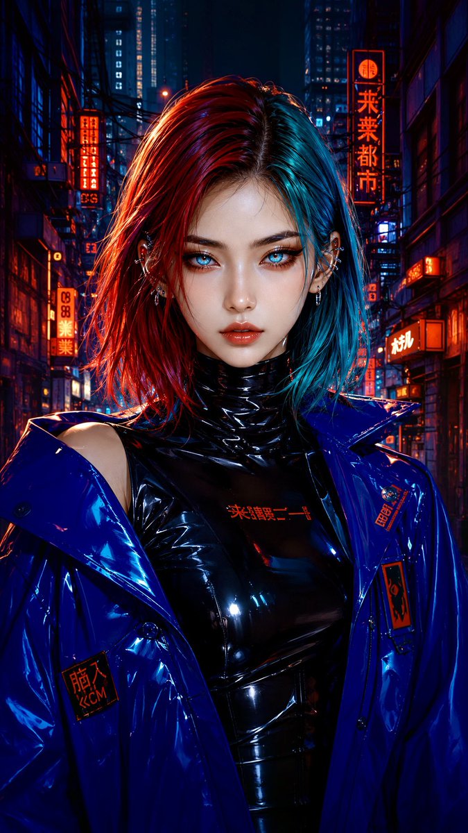 A stylized cyberpunk fashion portrait of a striking young woman with sleek shoulder-length crimson-teal hair,… - AI提示词参考图，来自西西提示词