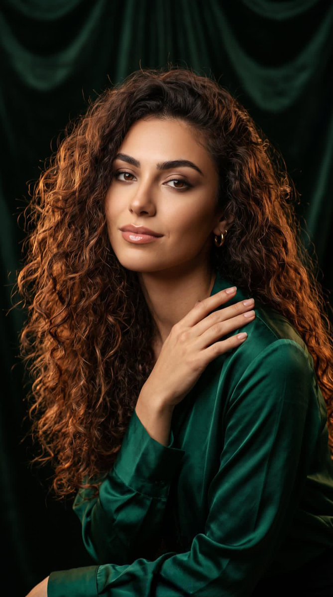 Professional studio portrait of a stunning woman with voluminous, long curly {argument name="hair color" defa… - AI提示词参考图，来自西西提示词