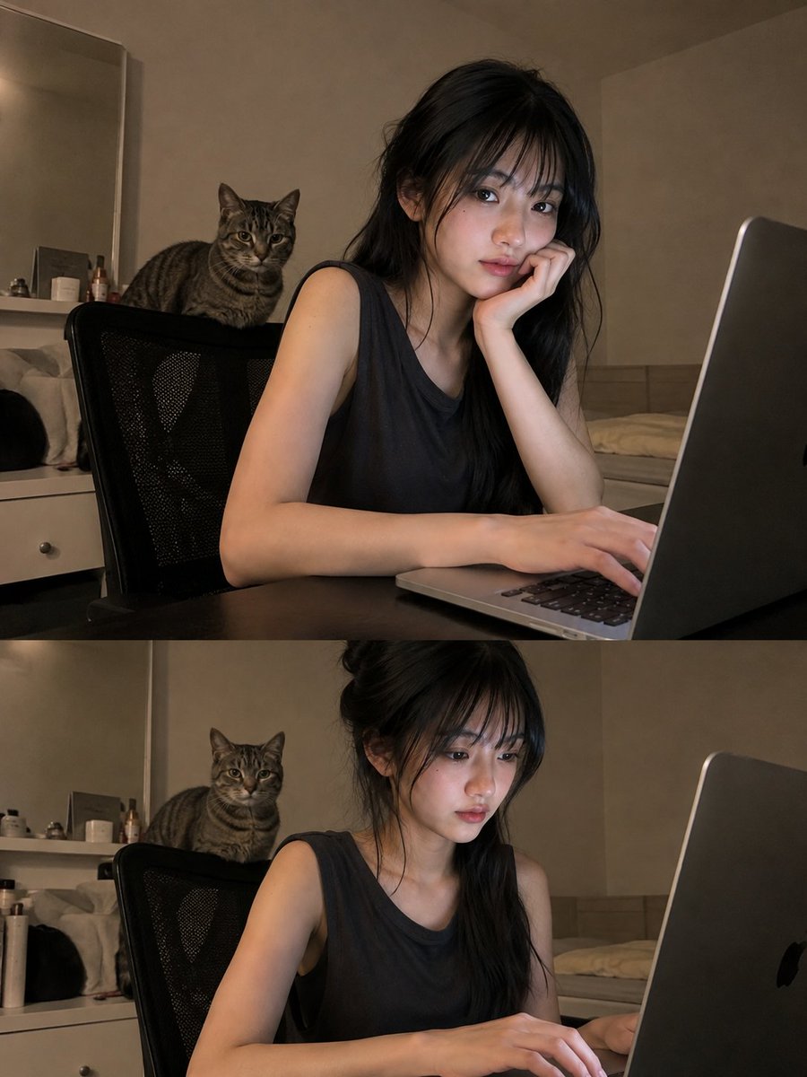 A highly realistic photograph of a young East Asian woman sitting at a desk and working on a laptop in a quie… - AI提示词参考图，来自西西提示词