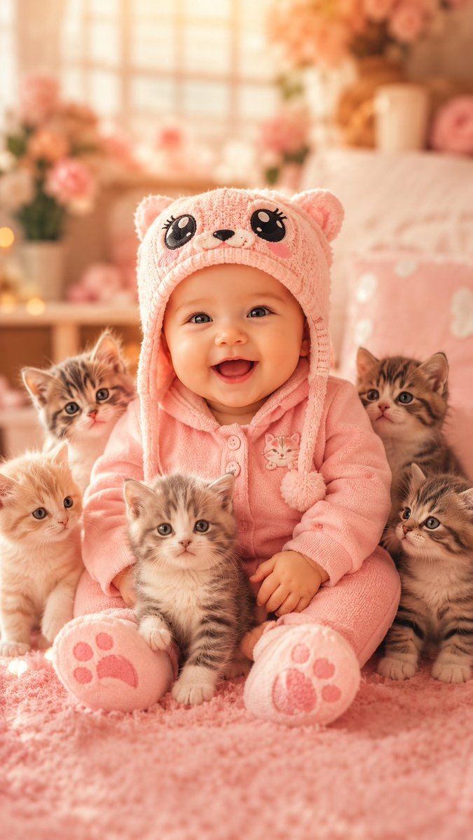 A {argument name="subject" default="cute baby wearing pink and a hat"} with big eyes, surrounded by {argument… - AI prompt reference from CC Prompt Galaxy
