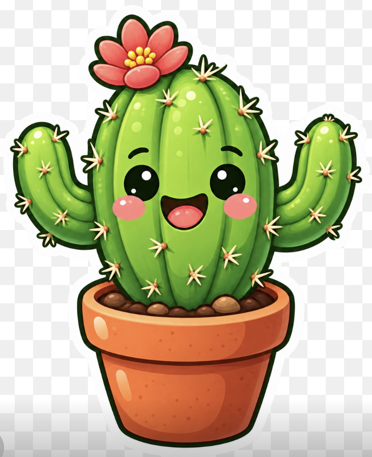 Create a cute transparent-background sticker asset of a kawaii potted cactus, centered and isolated with no s… - AI提示词参考图，来自西西提示词