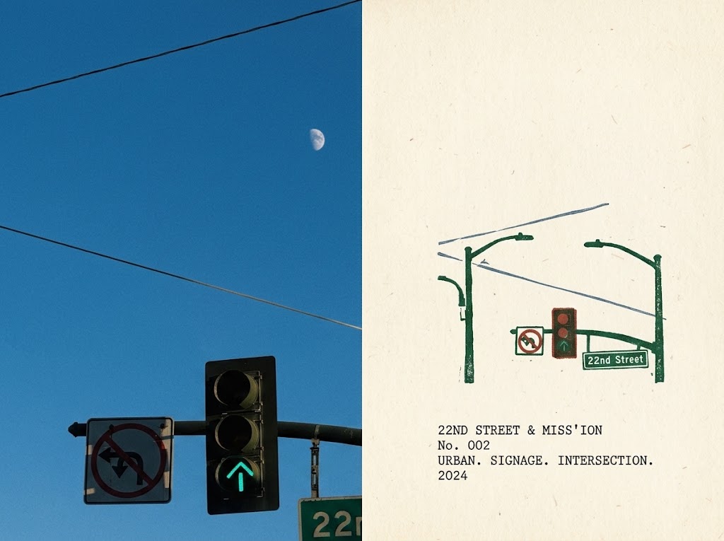 Goal: Create a diptych poster documenting an urban intersection memory, half realistic photo and half minimal… - AI提示词参考图，来自西西提示词