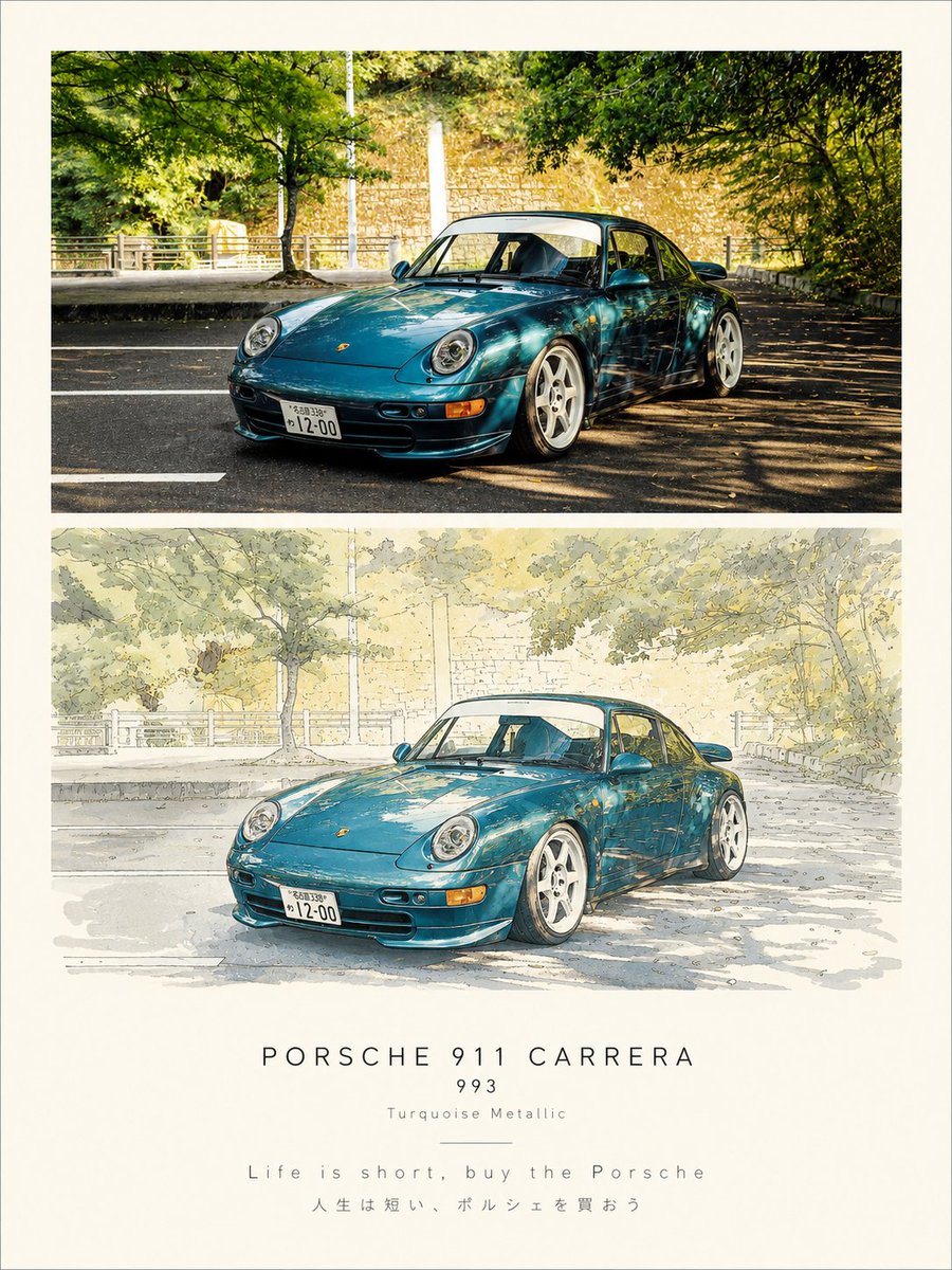 Goal: Create a refined vertical automotive poster comparing a realistic photo and an illustrated rendering of… - AI提示词参考图，来自西西提示词