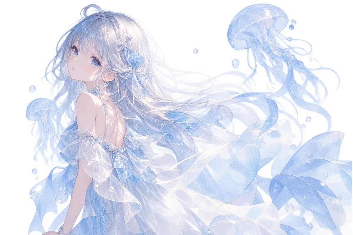 Create a delicate anime-style illustration on a fully transparent background: a dreamy underwater {argument n… - AI提示词参考图，来自西西提示词
