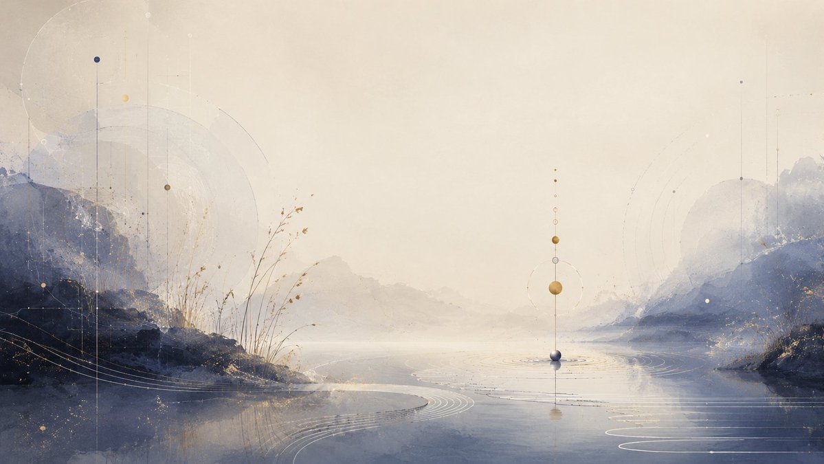 Create a serene wide-format abstract watercolor landscape, 16:9 aspect ratio, with a pale cream misty sky ove… - AI提示词参考图，来自西西提示词