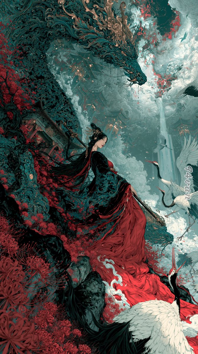 Create a tall vertical fantasy xianxia illustration in an ultra-detailed East Asian ink-painting and dark orn… - AI prompt reference from CC Prompt Galaxy