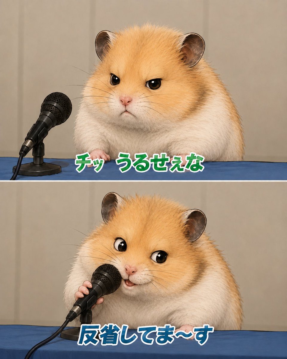 Goal: Create a cute two-panel vertical meme image featuring the same fluffy golden-and-white hamster at a pre… - AI提示词参考图，来自西西提示词