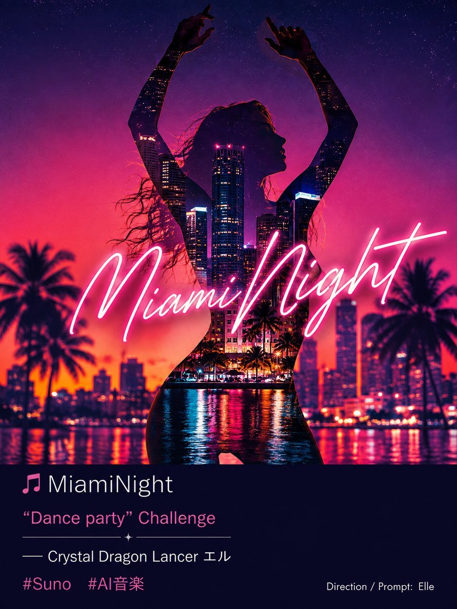 Goal: Create a square-to-portrait neon music cover poster for a tropical synthwave dance track titled {argume… - AI提示词参考图，来自西西提示词