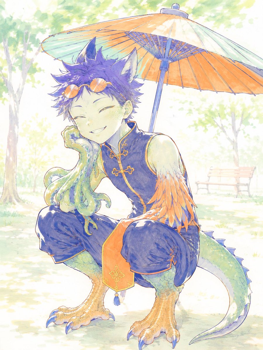 Create a soft watercolor anime illustration of a cheerful fantasy beast-boy character named {argument name="c… - AI提示词参考图，来自西西提示词