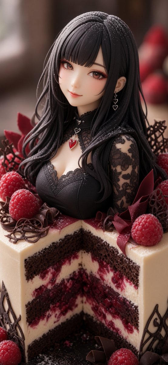 Create a vertical ultra-detailed photorealistic fantasy confection portrait of an elegant anime-style gothic … - AI提示词参考图，来自西西提示词