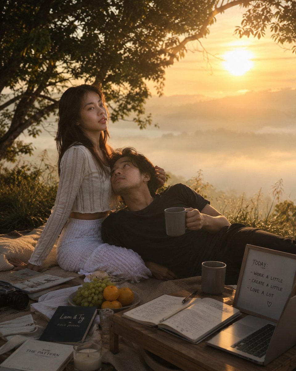 Create a warm, cinematic lifestyle photograph of a young couple having a quiet sunrise picnic on a hillside o… - AI提示词参考图，来自西西提示词