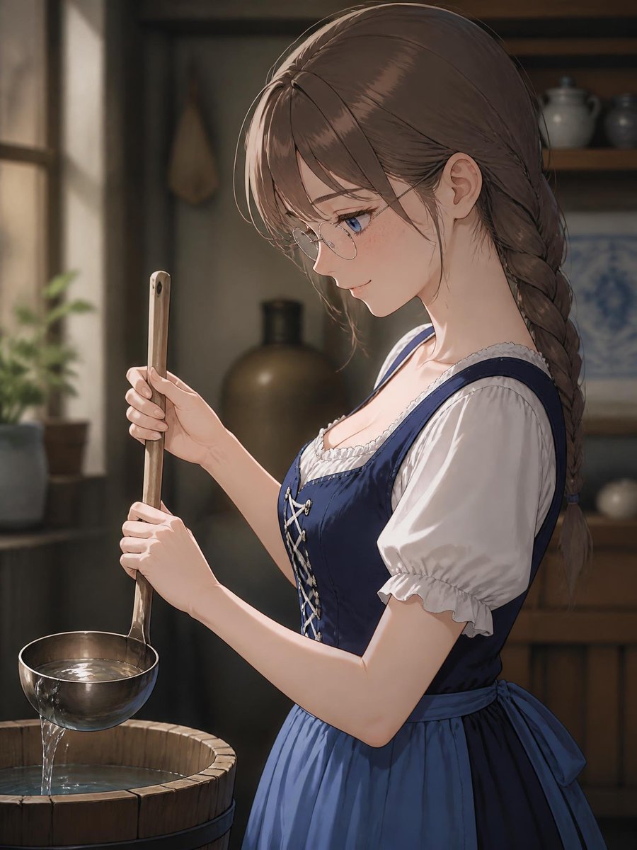 Create a detailed anime-style illustration of a gentle young woman in a rustic old-world kitchen, shown from … - AI提示词参考图，来自西西提示词