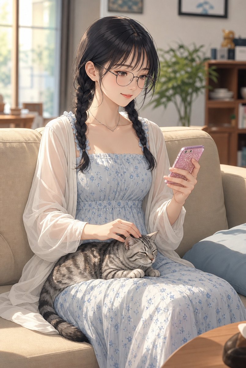 Create a polished anime-style vertical illustration of a gentle young woman relaxing on a beige sofa in a sun… - AI提示词参考图，来自西西提示词