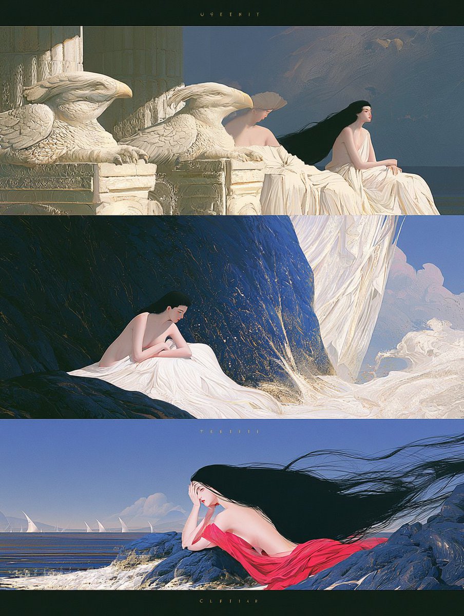 Create a tall vertical fine-art poster inspired by mythic Greek Odyssey imagery, divided into exactly 3 wide … - AI提示词参考图，来自西西提示词