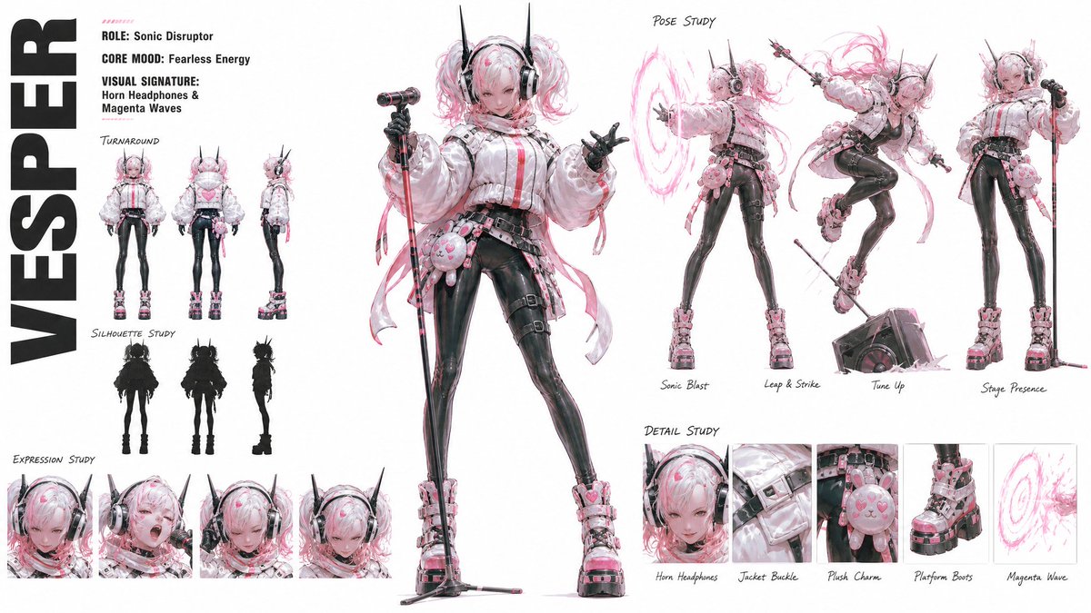 Goal: Create a wide character concept sheet for {argument name="character name" default="VESPER"}, a semi-rea… - AI提示词参考图，来自西西提示词