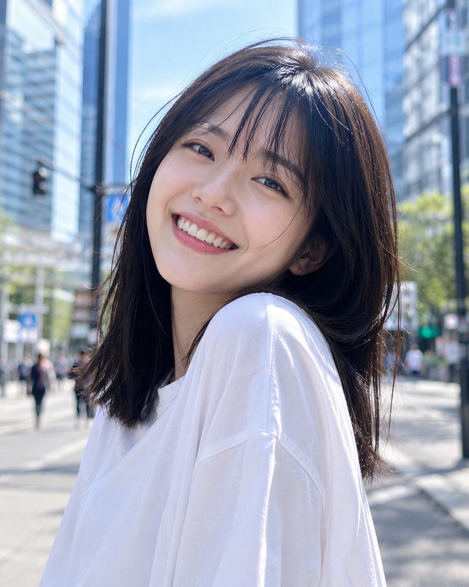 Ultra-realistic candid portrait of a {argument name="subject" default="young East Asian woman"} outdoors in b… - AI提示词参考图，来自西西提示词