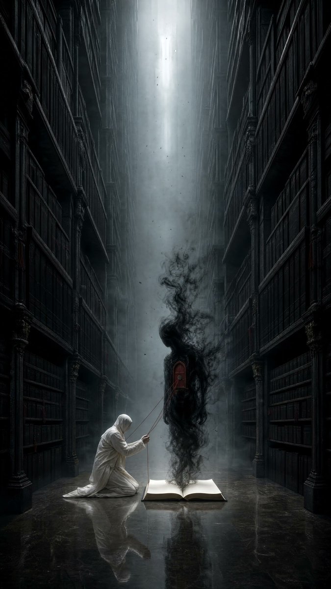 Create an original psychological dark-surrealist scene in a colossal underground archive. Endless shelves of … - AI提示词参考图，来自西西提示词