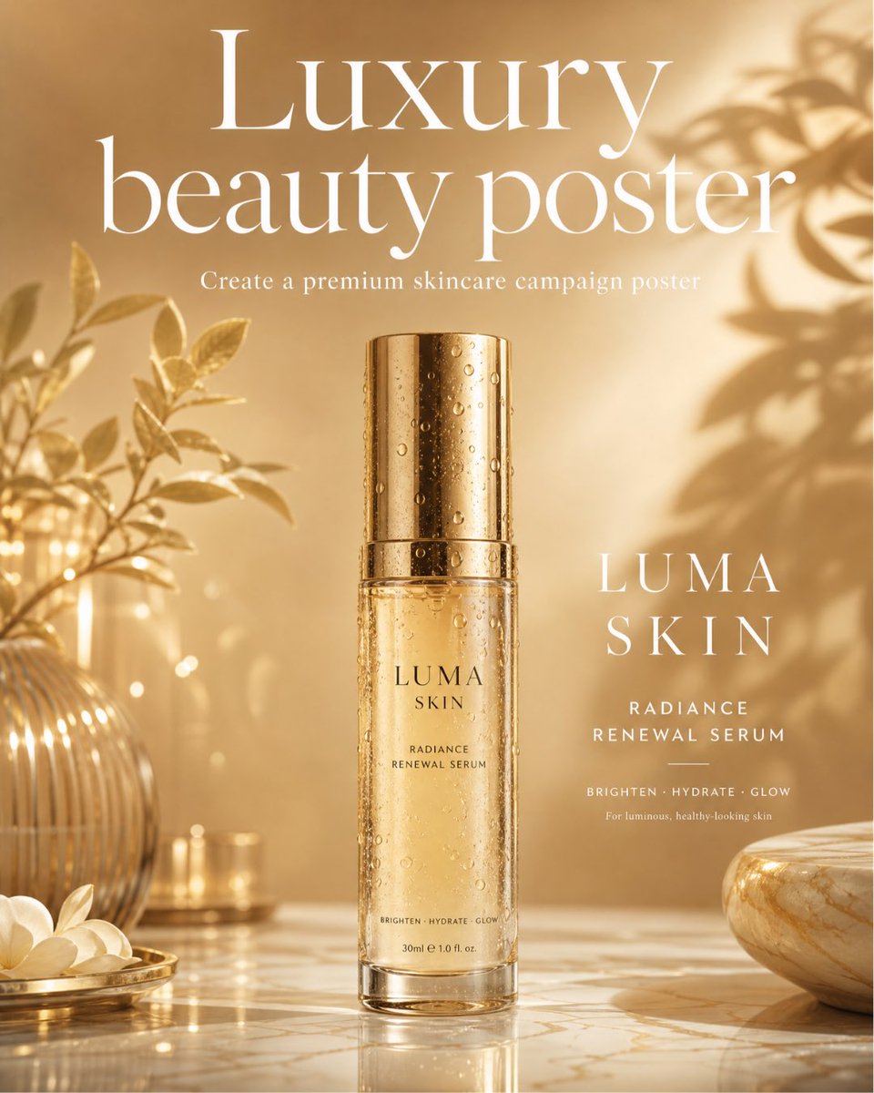 Create a premium skincare poster for a fictional brand. Feature a glass serum bottle on a glossy cream surfac… - AI prompt reference from CC Prompt Galaxy