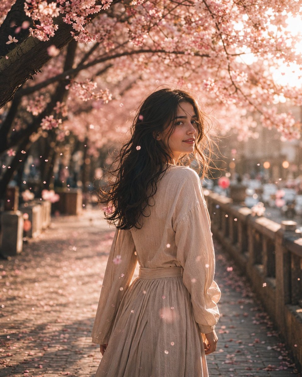 { "title": "WHISPERS OF SPRING", "scene": "A peaceful pathway beneath blooming cherry blossom trees during a … - AI提示词参考图，来自西西提示词