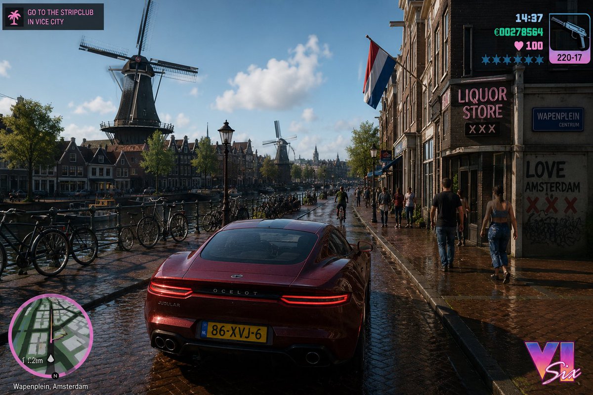 Create an image of GTA 6 gameplay but in {argument name="location" default="the Netherlands"} - AI提示词参考图，来自西西提示词