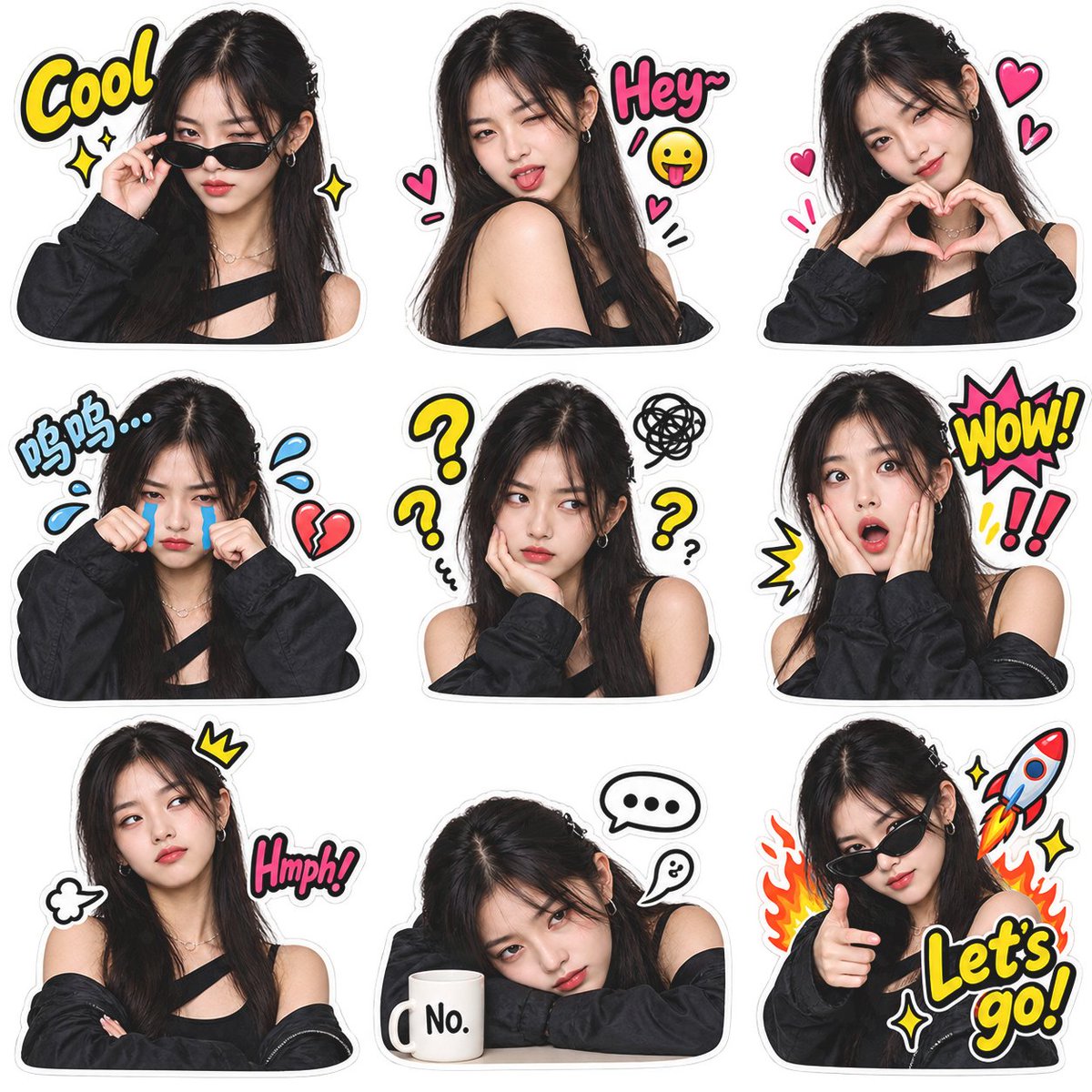 Create a Meme sticker pack based on the images attached, remixing with {argument name="emojis" default="😎😛�… - AI提示词参考图，来自西西提示词