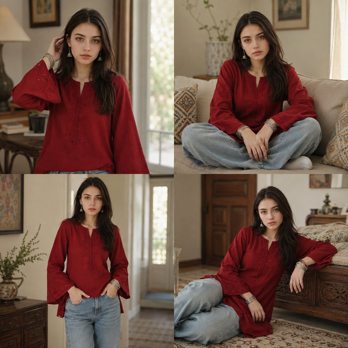 Ultra-realistic 4-panel collage portrait of the same {argument name="subject" default="young woman"} in a coz… - AI提示词参考图，来自西西提示词